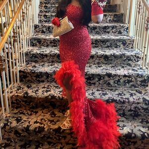 💋 Red Prom Formal Dress Sequin | Feather | Side Slit | Cutout | Jessica Rabbit